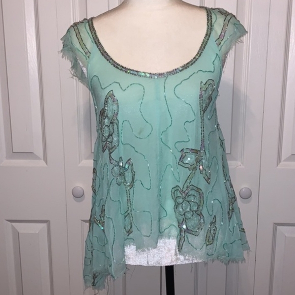FREE PEOPLE Titan's Treasure Boho Angel Mint Green Embellished Tunic NWOT RARE - Picture 9 of 16